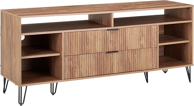 Manhattan Comfort Dumbo Mid Century Modern TV Stand for Televisions up to 60 Inches, Home Entertainment Center with Storage, 6 Shelves, 2 Drawers, No Tool Assembly, 63" Wide, Golden Brown