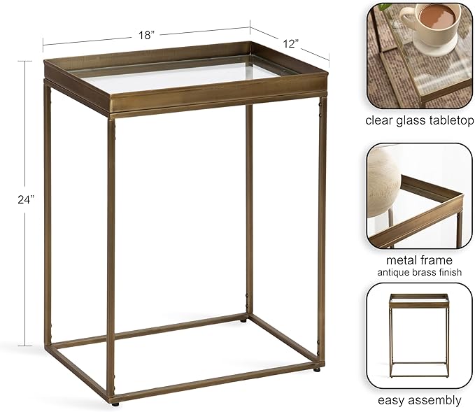 Kate and Laurel Lonsdale Transitional Glass Narrow End Table; 18 x 12 x 24; Clear Glass and Antique Brass; Decorative Contemporary Metal Side Table for Bedroom Nightstand or Living Room Accent