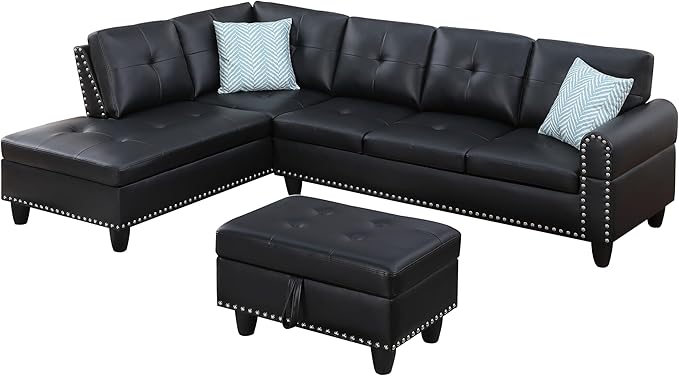 Ball & Cast 98" L Shaped Sectional Couch for Living Room with Chaise & Storage Ottoman,4 Seat Faux Leather Upholstered Modular Sectional Sofa Set 3 PCS W/Cup Holder&Nailhead Trim,for Home,Office,Black