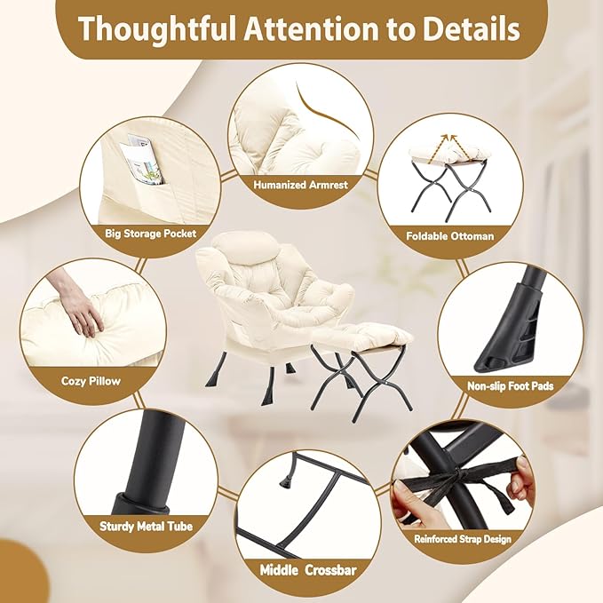 Lazy Chair with Folding Ottoman, Accent Chair Velvet Upholstered with Metal Structure and Non-Slip Pads, Sofa Armchair with Footrest and Side Storage Bag for Dorm, Room, Office, Beige