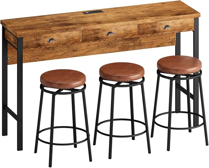 KEIKI 60.24” Long Bar High Top Dining Table and 3 Stools Chairs Set with Drawer & Power Outlet, Wood Behind Couch Sofa Counter Height Pub Furniture for Breakfast, Kitchen Living Party Room, Brown