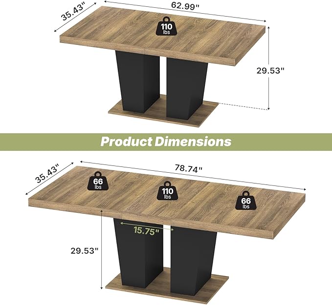 63"-78.7" Expandable Dining Table, 6-10 Rectangle Table, Extendable Console Table, Wooden Farmhouse Kitchen Table with Metal Track & Dual Column Base for Living, Office-Beige Brown