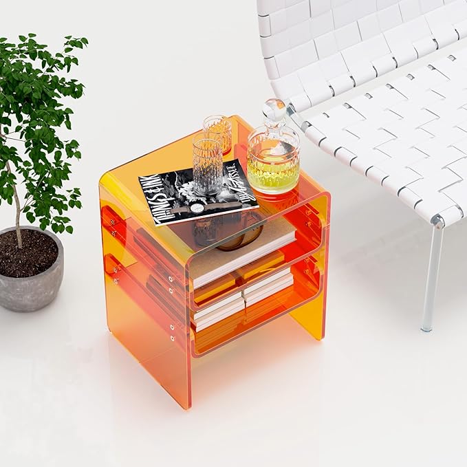 Clear Acrylic 3-Tier End Table/Nightstand – Sleek Bedside Storage with Durable Design, Perfect for Bedrooms, Living Rooms, or Modern Interiors – Ideal as a Bedside Table or Sofa Side Piece (Orange)