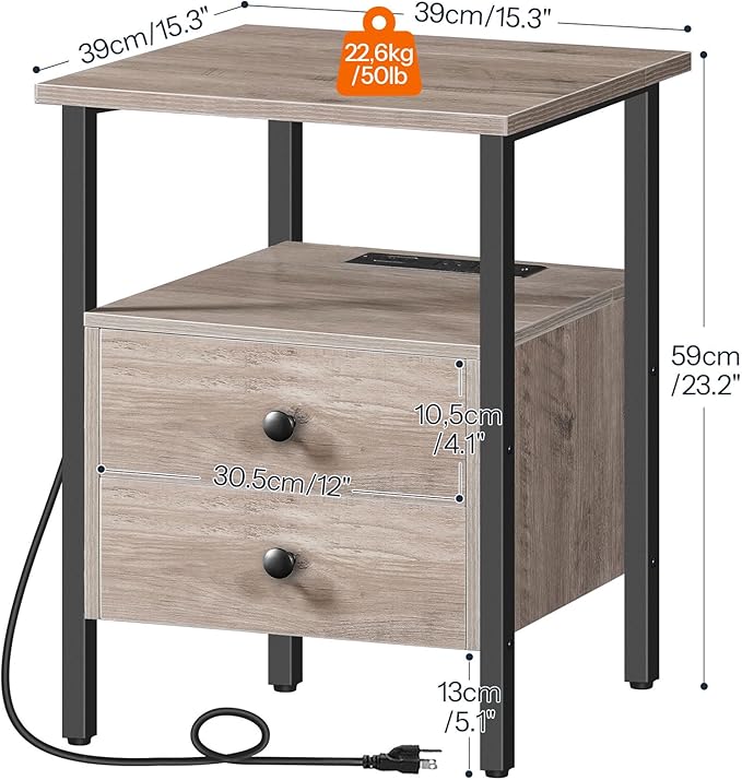 HOOBRO End Table with Charging Station, Nightstand with 2 Drawer & USB Ports & Power Outlets, Bedside Table for Small Spaces, Stable and Sturdy, for Living Room, Bedroom, Greige and Black BG43UBZ01