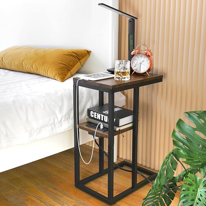 Yoobure C Shaped End Table with Charging Station, Small Side Table for Sofa，26" Tall Tv Tray Couch Table with Storage,Bedside Table with USB Ports and Outlets for Living Room, Bedroom, Rustic Brown