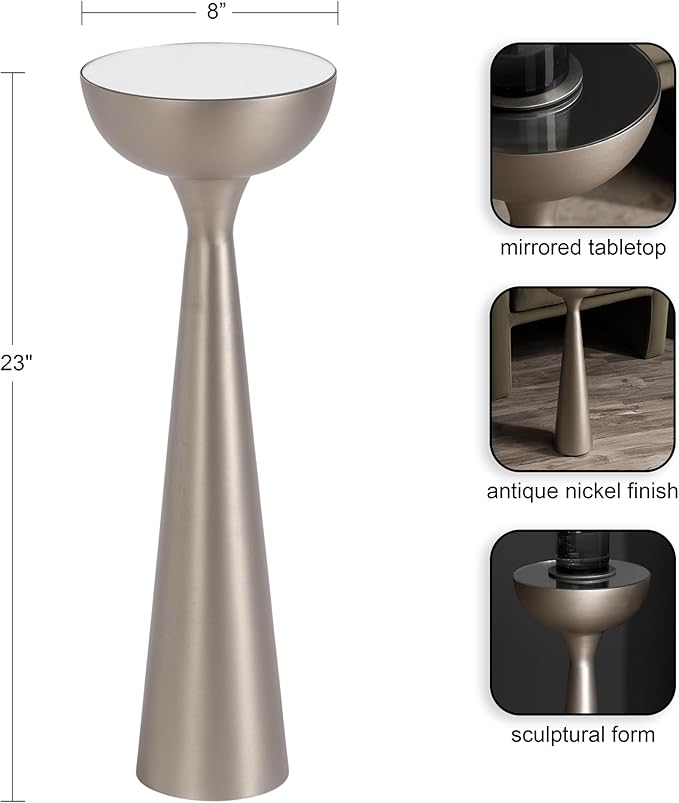 Kate and Laurel Chandon Mid-Century Sophisticated Drink Table; 8 x 8 x 23; Antique Nickel; Glam Sculptural Plant Pedestal Table for Use as Antique Mini Table or Bathtub Accent Table