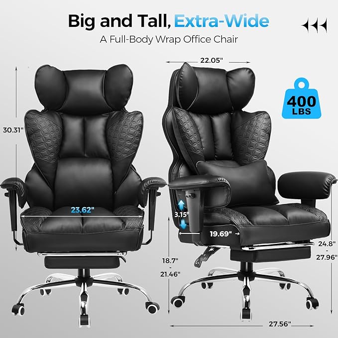 GTRACING Big and Tall Gaming Chair 400lbs Heavy Duty Office Chair with Foot Rest & High Back Pocket Spring Lumbar Support, Ergonomic Wide Comfy Seated Cushion for for Lower Back Pain Relief, Black
