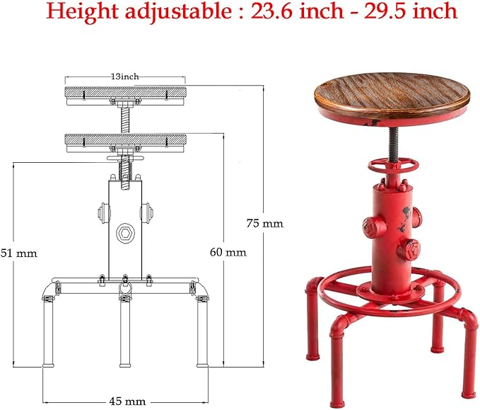 Topower Aged Antique Vintage Industrial Barstool Solid Wood Water Pipe Fire Hydrant Design Cafe Coffee Industrial Bar Stool Set of 2 Antique Red