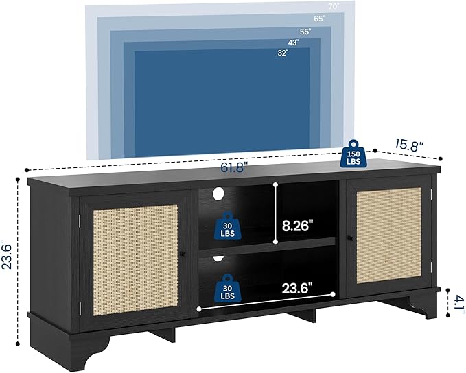 GarveeHome Rattan TV Stand for Living Room, Boho Entertainment Center for 55, 65, 70 Inch TV, TV Console Cabinet with Storage and Shelf, Black