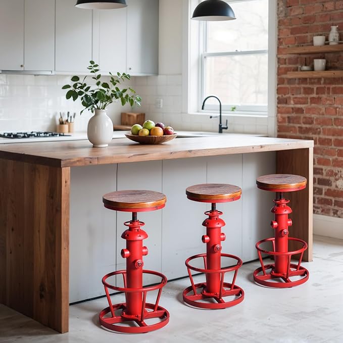 Topower Antique Industrial Round Bottom Adjustable Height Cafe Coffee Retro Vintage Stylish Water Pipe Design Pub Kitchen Bar Stool Antique Red