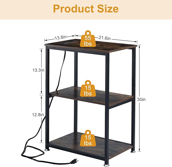 VECELO Tall End Table with Charging Station, Side Table with USB Ports and Outlets, 30" Height Nightstand with 3-Tier Storage Shelf for Living Room Bedroom Office Hallway Study