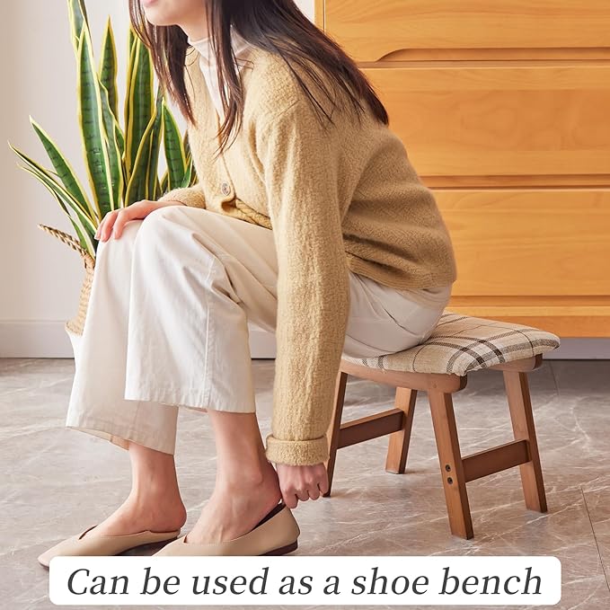 Foot Stool,Ottoman,Bamboo Small Sofa Foot Rest Under Desk,Extra Seating for Living Room, Bedroom and Kitchen (Brown Stool Legs - Stripes Surface)