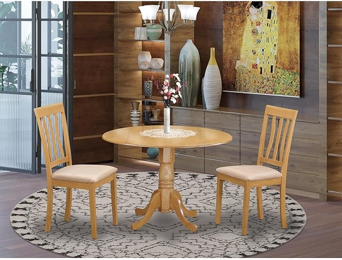 East West Furniture DLAN3-OAK-C 3 Piece Kitchen Table & Chairs Set Contains a Round Dining Room Table with Dropleaf and 2 Linen Fabric Upholstered Dining Chairs, 42x42 Inch, Oak