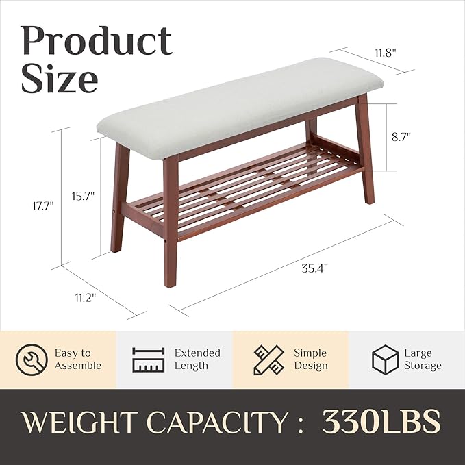 Entryway Shoe Bench, 35.4" Bamboo Bench for Bedroom End of Bed, 2-Tier Shoe Rack with Cushion Padded Seat, Shoe Organizer Stable for Entry Hallway Living Room Bedroom, 35.4"W x11.2"D x 17.7"H