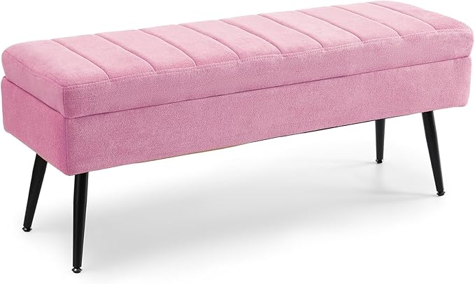 CUYOCA Storage Ottoman Bench, 43.5" Upholstered Entryway Bench, Long Ottoman with Storage for Living Room, Support 660lbs - Fabric Pink