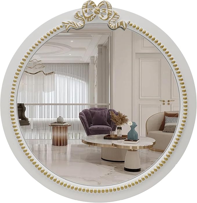 Vintage Round Wall Mirror 23.6inch Farmhouse Wooden Vanity Mirror for Wall Decor, Decorative Antique White Bathroom Mirrors, Traditional Art Home Bow Decor for Dressing Table, Living Room or Bedroom