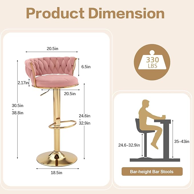 VECELO Bar Stools Set of 4, Adjustable Counter Height Barstools with Back & Arm Rest, Velvet Woven Kitchen Island Stools with Gold Metal Leg & Base, 360 Swivel, Pink