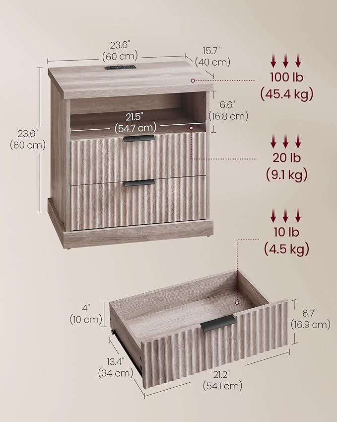 VASAGLE MAXE Collection - Set of 2 Nightstands with Charging Station, Bedside Table, Side End Table with 2 Drawers, Open Shelf, 2 AC Outlets, 2 USB Ports, Transitional, Bedroom, Washed Gray ULET926G01