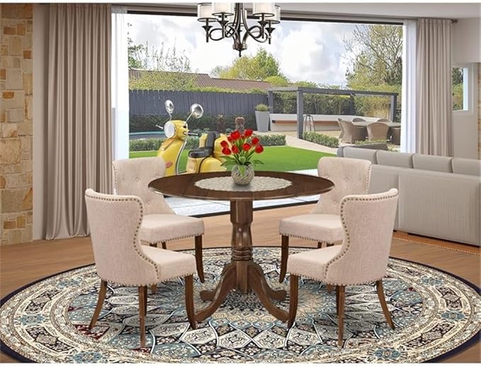East West Furniture DLSI5-AWA-04 5 Piece Kitchen Table Set for Small Spaces Consist of a Round Wooden Table with Dropleaf and 4 Upholstered Chairs, 42x42 Inch, Antique Walnut