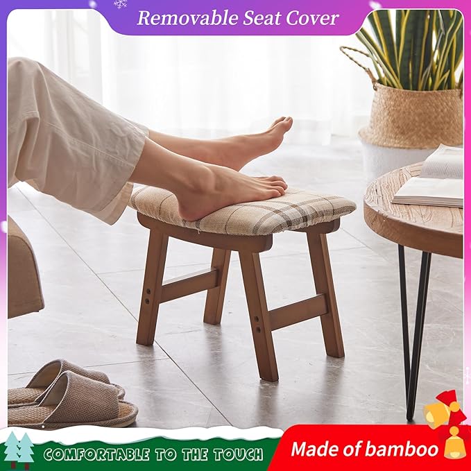 Foot Stool,Ottoman,Bamboo Small Sofa Foot Rest Under Desk,Extra Seating for Living Room, Bedroom and Kitchen (Brown Stool Legs - Stripes Surface)