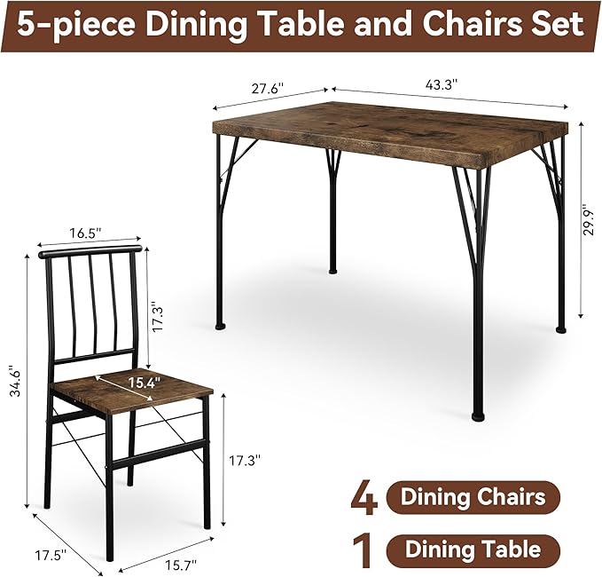 Vipbear Kitchen Dining Table Set for 4, 5-Piece Kitchen Table Set with 1.6“ Thick Tabletop,Dining Room Table Sets,Kitchen Table Set with 4 Chairs for Small Space, Dinette,Apartment,Retro Brown
