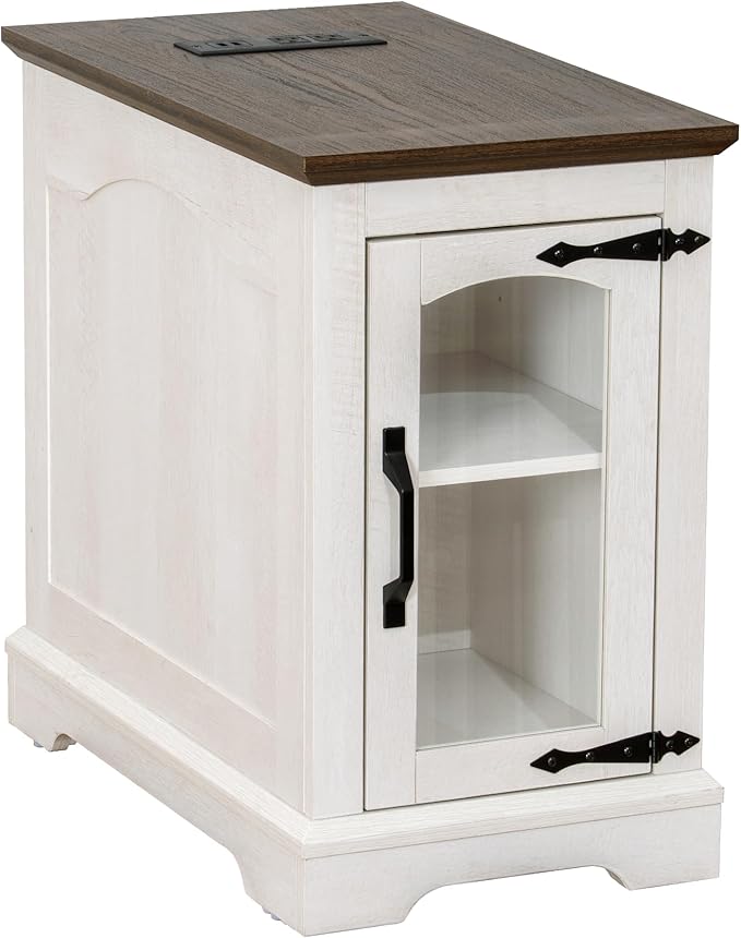 Narrow Side Table with Charging Station,13.8" W End Table with Storage for Sofa Couch or Bed Side with Outlets & USB Ports, Farmhouse Nightstand for Bedroom Livingroom (Glass,White & Walnut)