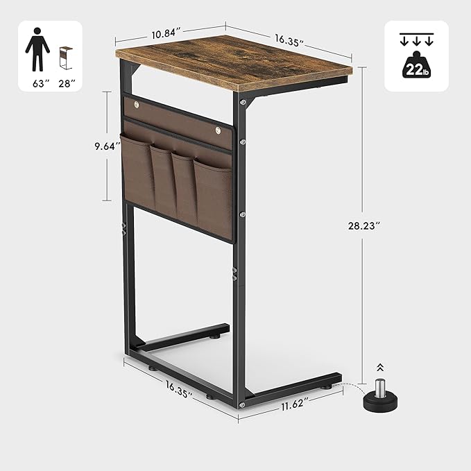 Vagusicc C Shaped End Table Set of 2, Tall Side Table for Sofa, Small Couch Side Table with Storage Bag, TV Tray Table for Small Spaces, Sturdy Slide Under Sofa Table with Metal Frame for Living Room