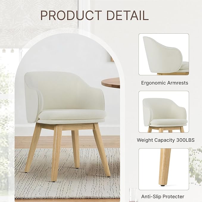 Wooden Dining Chairs Set of 2, Fabric Upholstered Modern Dining Room Chairs with Barrel Backrest & Double-Layer Thick Cushion for Living Room, Restaurant, Kitchen and Café, Beige