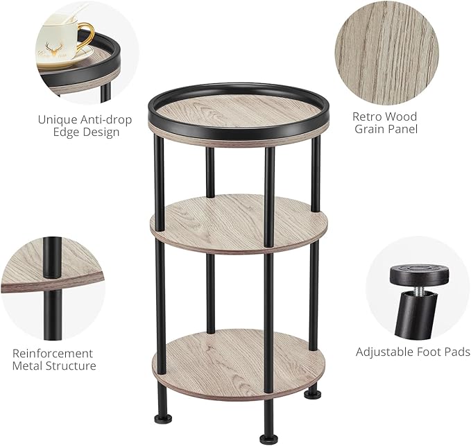 Side Table, Small Round Side Table for Small Spaces, 3-Tier Round Accent Table Slim Side Table, Modern Sofa End Table Corner Table for Living Room Nightstand Bedroom (Oak)