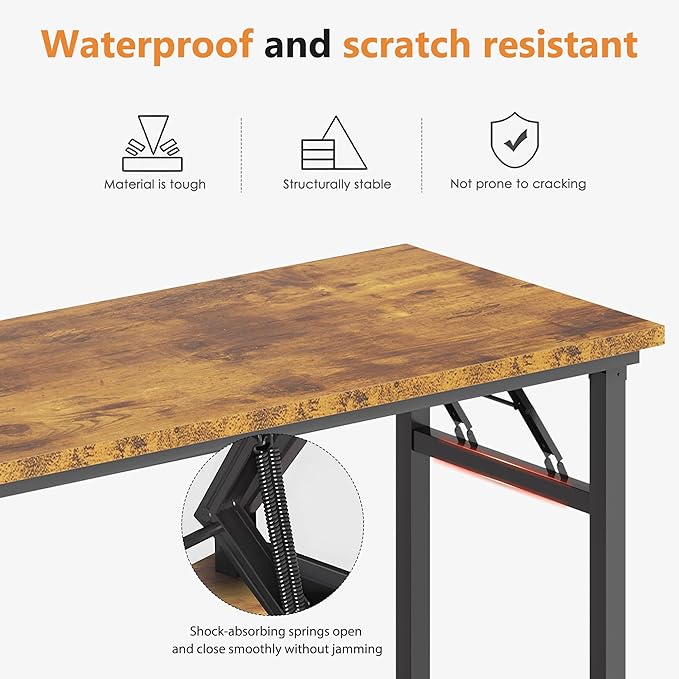 SDHYL 62 inches No Assembly Foldable Computer Desk for Home Office Workstation, Study and Writing, Rustic Brown
