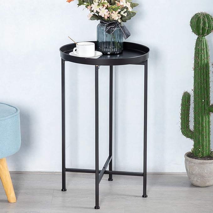HollyHOME Small Round Metal Waterproof End Table, Accent Indoor&Outdoor Coffee Side Table, Snack Sofa Table for Living Room, Anti-Rust Decorative Plant Stand, (D) 14.5" x (H) 25", Black
