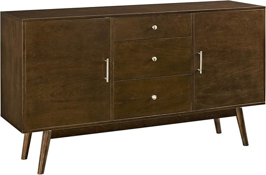 Walker Edison Mid Century Modern-TV Stand Console with 3 Drawers and Closed Cabinet Storage, 60", Walnut