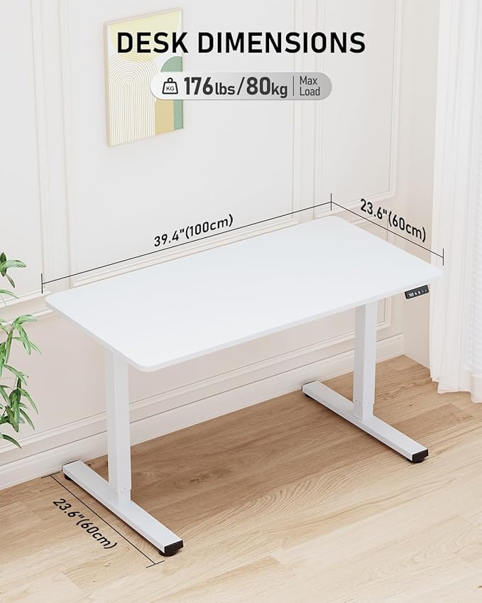 Standing Desk, Small Height Adjustable Electric Stand up Desk, 40" x 24" Sit Stand Computer Home Office Desk with Splice Board, White Frame/White Top
