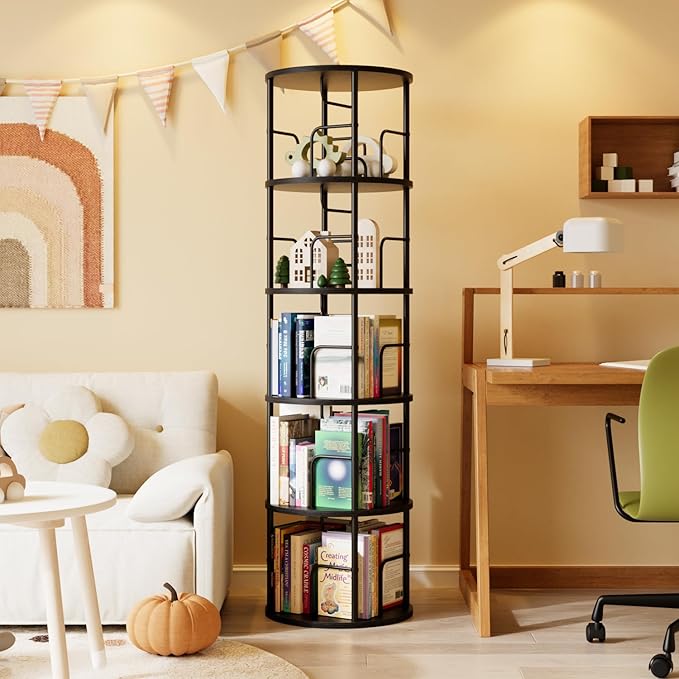 5 Tier Rotating Bookshelf, 360 Display Spinning Corner Bookshelf, Space-Saving Metal Frame Bookcase for Living Room, Office, Bedroom, Black