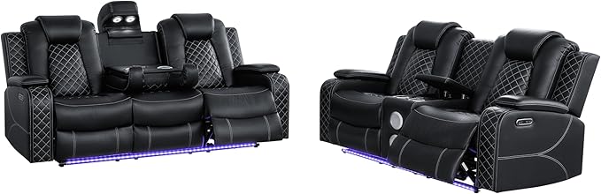 Ball & Cast Power Recliner Sofa Set Leather Reclining Sofa Set Living Room Furniture Set 3PCS Recliner Couch Loveseat and Chair Sets with LED,USB Charging,Cup Holders,Storage Console for Home Theater