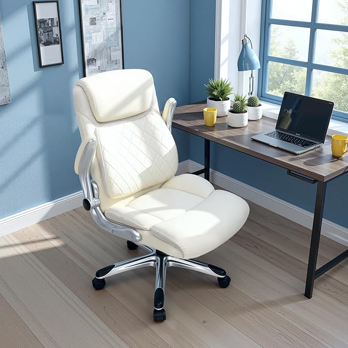 COMHOMA Big and Tall Office Chair, High Back Leather Executive Chair with Pocket Spring Lumbar Support and Flip-up Armrests, Swivel Managerial Office Chair with Adjustable Height， Beige