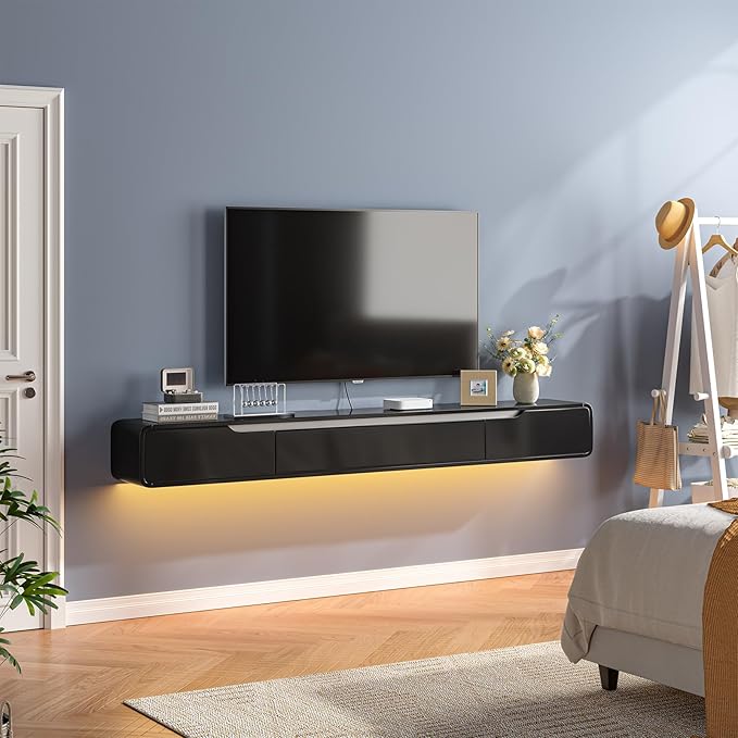 Fully-Assembled Floating TV Stand with Drawers, 47IN High Gloss Wall Mounted Entertainment Center, Modern Media Console with Storage, Under TV Shelf for Bedroom Living Room Black