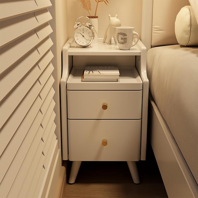 Wood Nightstand, White Nightstand with 2 Drawers, Bedside Table for Bedroom