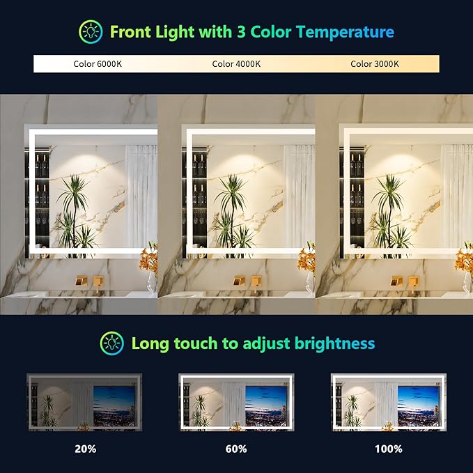 60x36 Inch RGB LED Bathroom Mirror Front Light and RGB Backlit Lighted Vanity Mirror for Bathroom Wall Mounted Dimmable Anti Fog Memory Shatter-Proof IP54 Waterproof Horizontal/Vertical
