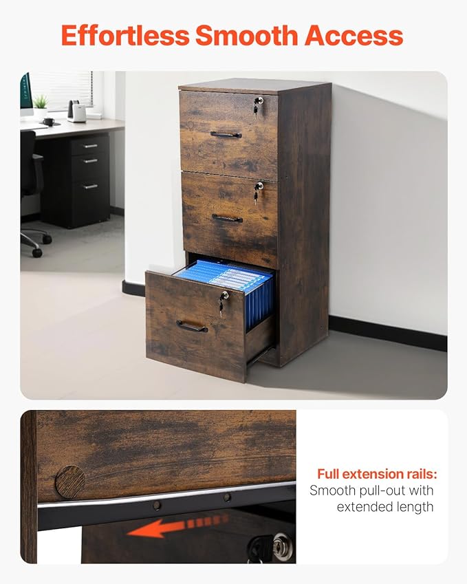 VEVOR 3 Drawer File Cabinet with Lock, Vertical Filing Storage Cabinets for Home Office, Heavy-Duty Locking Cabinet with 2-Level Adjustable Hanging Rod for A4/Letter/Legal Size File, Easy Assembly