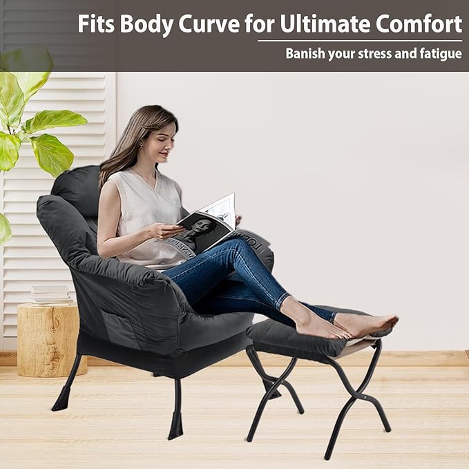 Lazy Chair with Folding Ottoman, Accent Chair Velvet Upholstered with Metal Structure and Non-Slip Pads, Sofa Armchair with Footrest and Side Storage Bag for Dorm, Office, Charcoal
