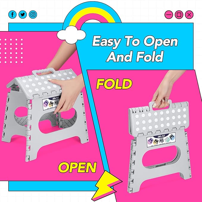 Delxo Folding Step Stool, 11 inch Non-Slip Foldable Stools Up to 300 LBS, Step Stool with Handle, Lightweight for Kitchen, Bathroom, Bedroom, Garden, Grey, 1PC