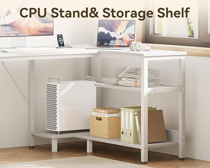 Casaottima L Shaped Desk with Drawers & File Cabinet, Reversible White Computer Desk with Storage Shelves & CPU Stand, Corner Desk with Power Outlets, L Table for Home Office
