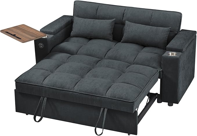 3 in 1 Queen Loveseat Convertible Sofabed Modern Living Room Multifunctional Sleeper Sofa Convertible Spacious Sofa Bed W/Pull Out Sleeper Couch Bed Armrests Storage,Cupholders,USB Ports ,Side Table