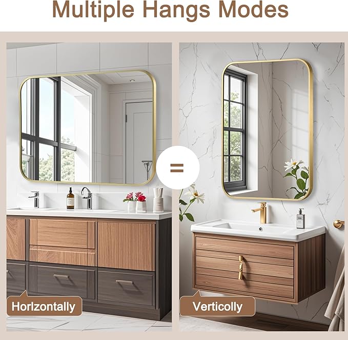 Brushed Gold Mirror, 16"x20" Rectangle Bathroom Mirror, Metal Frame Rectangle Corner Vanity Mirror, Wall Mounted Mirror for Modern, Living Room, Bedroom, Horizontal Or Vertical