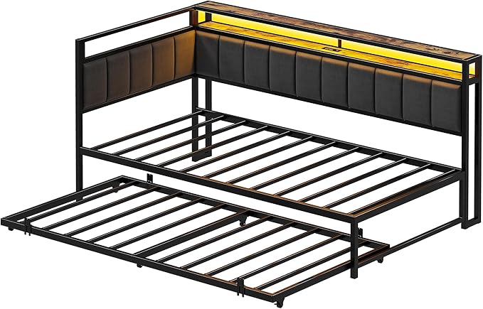 LIKIMIO Corner Twin Bed Frame with Trundle, Upholstered Storage Headboard & LED Lights, Twin Size Daybed with Charging Station, Sturdy Platform Metal Frame for Living Room, Bedroom, Guest Room, Gray