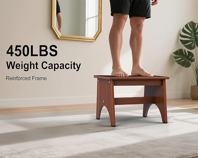 One Step Stool for Adults Seniors with Non-Slip Rubber Stepping Feet, Heavy Duty Wooden Step Stool, Portable Bed Steps for High Beds (Brown, 12 Inch)