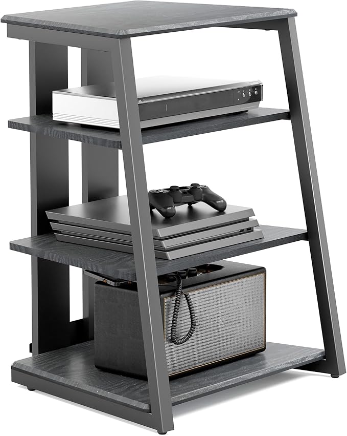 FITUEYES Design 4-Tier AV Media Stand Corner Shelf Stand Wooden Corner Shelves Component Cabinet Stereo Rack Audio Tower with Height Adjustable Wooden Shelves for/Xbox One/ps4 (Black)