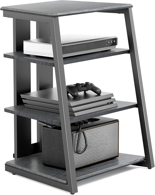 FITUEYES Design 4-Tier AV Media Stand Corner Shelf Stand Wooden Corner Shelves Component Cabinet Stereo Rack Audio Tower with Height Adjustable Wooden Shelves for/Xbox One/ps4 (Black)