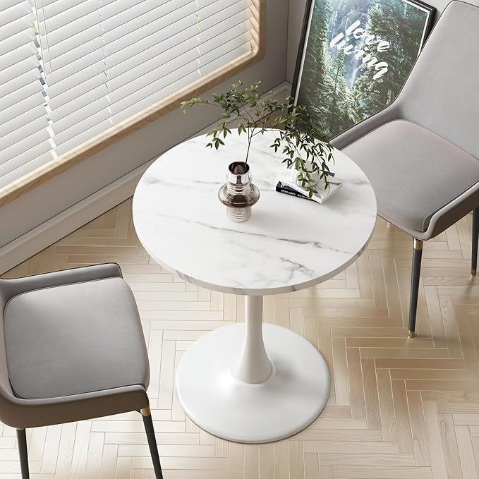 White Round Table Modern Dining Table Marble Texture Tulip Round Kitchen Table Mid Century Coffee Table for Living Room, 24 inch